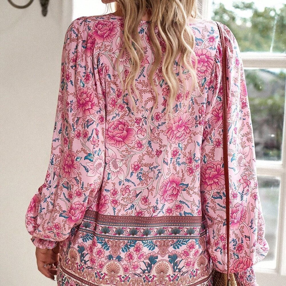 Pink Casual Women's Floral Print Shirred Cuffed Shirt - Picture 2 of 7